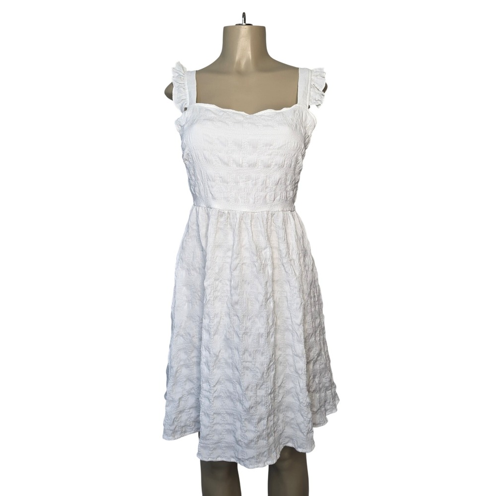 Emery Rose Dress Womens M White Textured Ruffle Strap Smocked A-Line 2102386